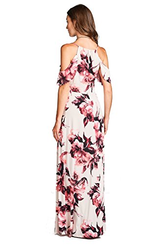 On Trend Women's Paris Bohemian V-Neck Printed Faux Wrap Long Maxi Resort Dress (Small, Pink)