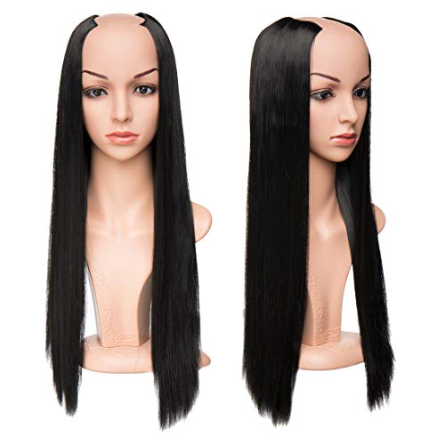 SEGO U Part Half Wig Clip in Hair Extensions One Piece Straight Half Head U Shape Half Wig Secret Hair Extension Synthetic Heat Resistant Fiber Invisible Hairpiece with 7 Clips 26 Inch Dark Black