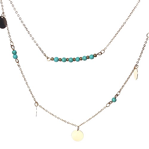 DaySeventh Women Gold Double Turquoise Sequins Pendant Chain Statement Necklace