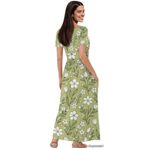 Image of Women's Fall Summer Short Sleeve Ankle Length V-Neck Party Dress with Pockets Size S-3XL