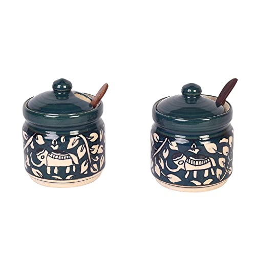 Image of AAKRITI ART CREATIONS Jungle Elephants Pickle Barni Set of 2 with Spoon | Ceramic Achar ki Barni & Mukhwas Box | Handcrafted Madhubani Storage Jar for Spice, Pickle & Chatni