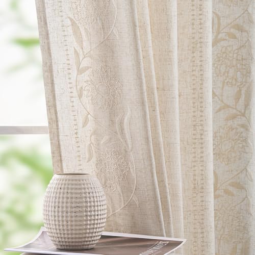 Image of jinchan Ivory Floral Linen Curtains for Living Room 108 inch Back Tab 2 Panels