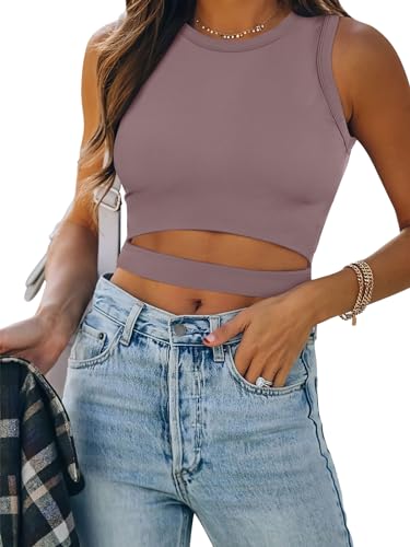 Image of ANRABESS Women Tank Tops High Neck Sleeveless Sexy Cutout Racer Back Going Out Crop Tops Shirts Summer Y2K Outfits