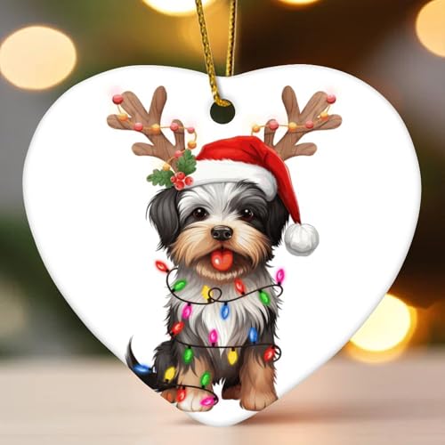Biewer Terrier mit Geweih Christbaumschmuck Hund Rasse Hund Kind Tier Herz Porzellan Anhänger Keramik Porzellan Hängende Weihnachtskugel Geschenk für Xmas Party Dekorationen