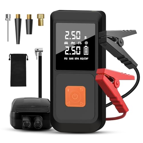 Hexinex Arrancador de Batería 12V para Coche (Gasolina/Diésel) con Compresor de Aire Portátil y Power Bank 3 en 1, Inflador Eléctrico 10000mAh con Pantalla LCD y Arranque de Emergencia, Carga Rápida