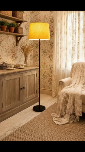 Image of Modern Floor Lamp with Fabric Shade, Metal Base, Red | Standing Lamp, Living Room & Bedroom, Warm Ambient Lighting, Home Decor (Yellow)