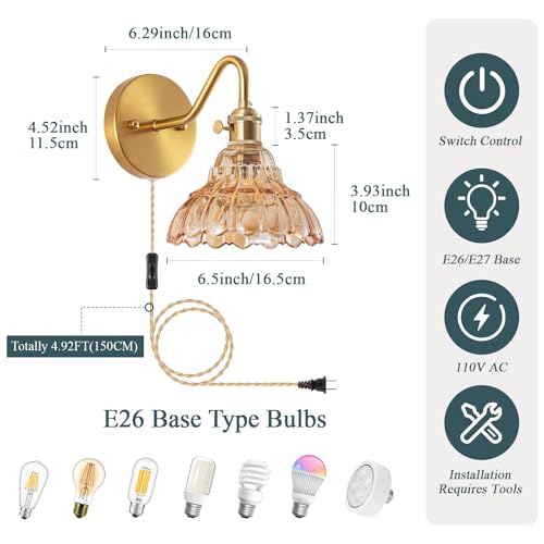 Image of Plug-in Wall Sconce (Set of 2), Vintage Wall Decorative Lamp with Amber Glass Shade, Indoor Brass Plug-in Wall Sconce for Bedroom, Living Room, Bathroom, Hallway