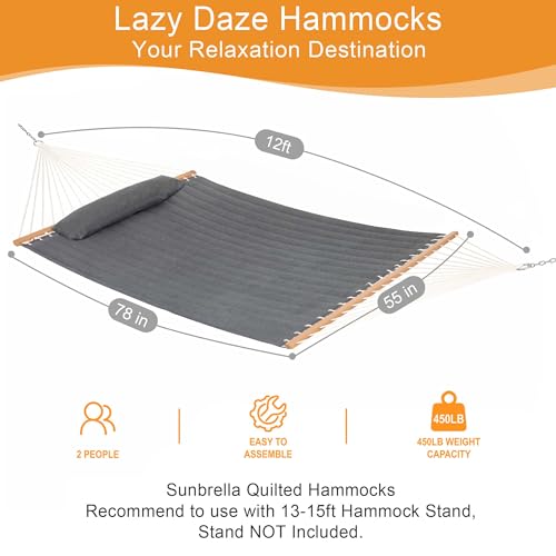 Image of Lazy Daze Hammocks 12 FT Sunbrella Fabric Quilted Hammock Double Sunbrella Quilted Hammock with Spreader Bars & Pillow, All Weather and Fade Resistant for Outdoor, 450 lbs Capacity, Cast Slate