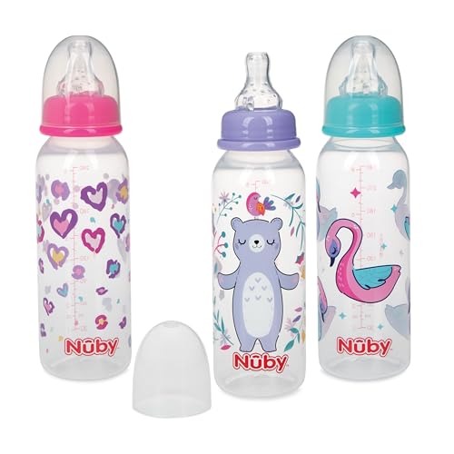 Nuby Non-Drip Standard Neck Baby Bottles - (3 Pack) 4 oz - Vari-Flo Flow Control Nipple - Anti-Colic Air System - 0+ Months - Bear/Flamingo/Heart
