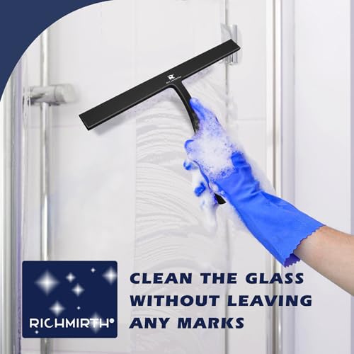 Image of Squeegee for Shower Door 14 Inch Wide Blade, 11 Inch Short Handle One-Piece Silicone with Stainless Steel Core, Non-Slip Grip Window Squeegee for Bathroom Mirror Car Windshield, Aluminum Hook (Black)