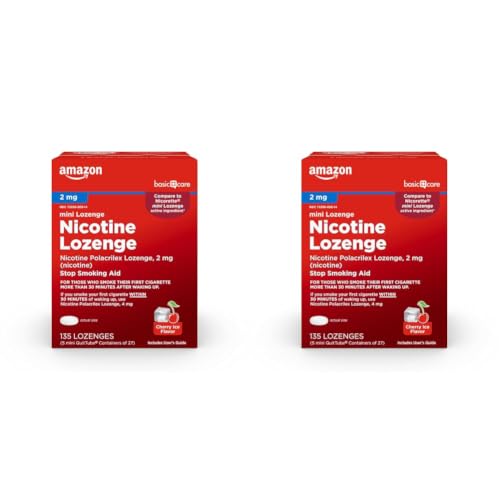 Image of Amazon Basic Care Mini Nicotine Polacrilex Lozenge, 2 mg, Cherry Ice Flavor, Stop Smoking Aid, Reduces Nicotine Cravings, 135 Count (Pack of 2)
