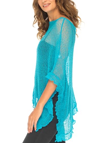 Image of SHU-SHI Women's Sheer Knit Poncho Shrug Lightweight Asymmetrical Ruffle Wrap Dressy Summer Shawl Cover Up Top