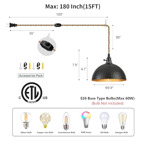 Image of Plug in Pendant Lights Hammered Dome Hanging Lamp with Dimmable Switch 15 Ft Long Hemp Rope Farmhouse Pndant Light Cord Lighting Fixture DIY Hanging Light