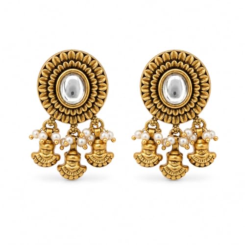 Image of Sayda JewelsGold Plated Antique Traditional Jhumka Earring Indian ethnic Temple design studs Chandbali Style Bridal, Wedding & Festive Jewellery For Women & Girls