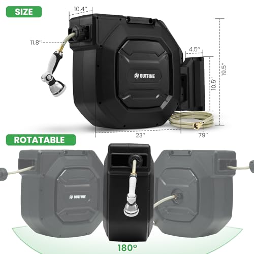 OUTFINE Heavy Duty Retractable Garden Hose Reel (1/2 150FT) Heavy Duty, Any Length Lock, Automatic Slow Return System, Wall Mounted and 180 Deg Swivel Bracket, 9 Pattern Hose Nozzle (1/2 150FT) - Thumbnail 6