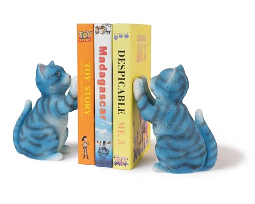 BOIHEGU Cute Cat Bookends for Shelves, Heavy Duty Bookends, Decorative Bookends for Kids Books, Non-Skid Design, Blue Cat Statue Enthusiasts Gifts