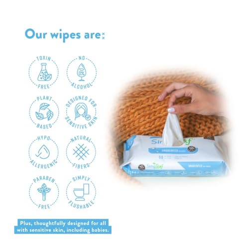 Image of Simpleaf Flushable Wet Wipes Unscented | Plastic Free, Paraben & Alcohol Free | Hypoallergenic & Safe for Sensitive Skin | Soothing Aloe Formula | Adult Toilet Wipes (6 x 50 Count Pack) 300 Count