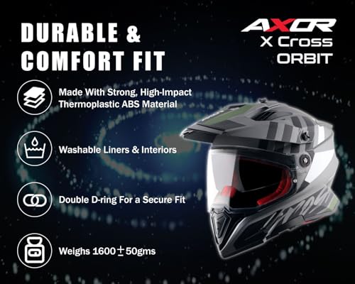 Image of Axor X-Cross Orbit ISI ECE and DOT Certified Premium Off-Road Full Face Helmet with Pinlock Fitted Dual Visors and Stylish Peak-Dull Athena Grey Black-L
