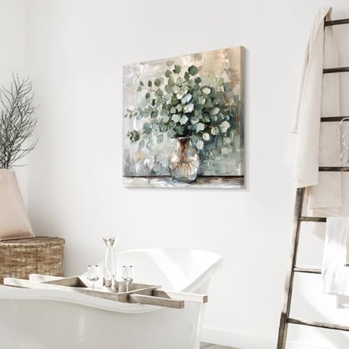Hianan Framed Eucalyptus Leaf Wall Art, Green Botanical Wall Decor, Vintage Floral Canvas Painting, Soft Neutral Rustic Farmhouse Bathroom Art Print for Bedroom Living Room 12"x12" - image 4