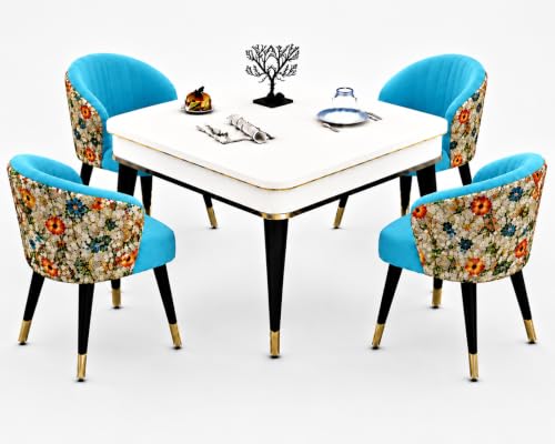 Image of WOODEN SPACE 4 Seater Wooden Dining Table Set | Urban Marble Top Dining Table with Chairs for Dining Room & Kitchen (Modern Classic Printed Sky Blue) (42 x 42 x 30 inch)