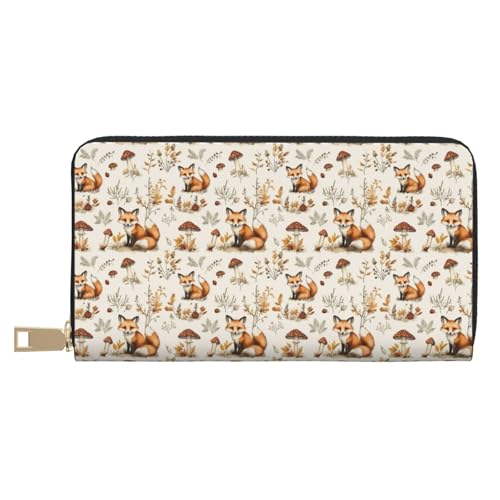 Cute Mushroom Fox Print Wallet Women Men, Long PU Leather Wallets for Women, Cute Womens Travel Wallet Purse Pouch with Zipper Pocket