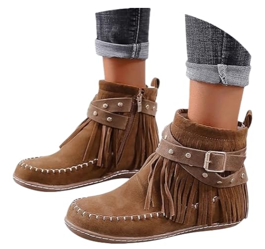 Women's Western Cowboy Boots, Tassel Faux Suede Booties Retro Comfortable Flat Round Toe Fringe Buckle Strap Ankle Boot Low Heel Slip On Short Boots Winter Snow Shoes for Ladies