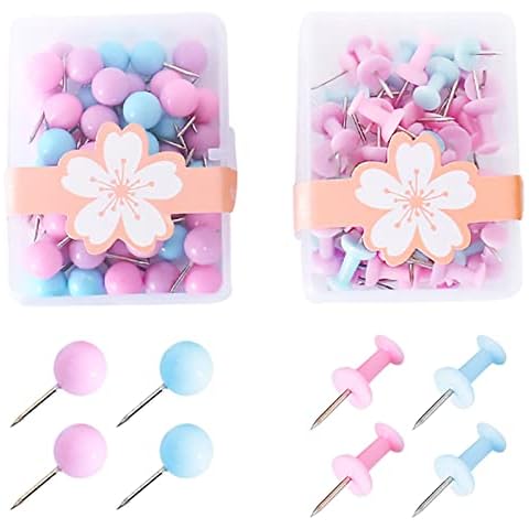 Mecmbj Map Push Pins Decorative Coloured Drawing Pins with Plastic Heads and Steel Points for Map Drawing Wall Map Photos Cork Notice Board Decorative Office (Blue, Pink) - 100pcs Cover