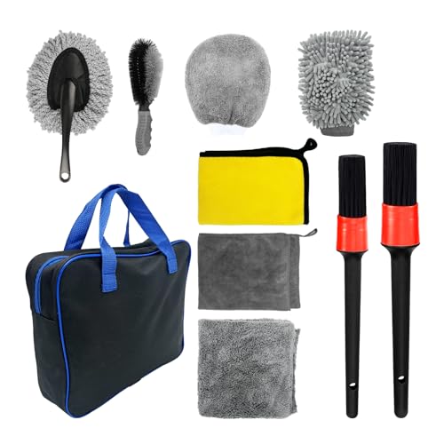 povtii 10PCS Car Wash Kit, Auto Cleaning Tool Set with Brushes, Microfiber Mitts & Towels, Vehicle Interior Exterior Detailing Supplies Kit for SUV Truck, Universal Car Accessories
