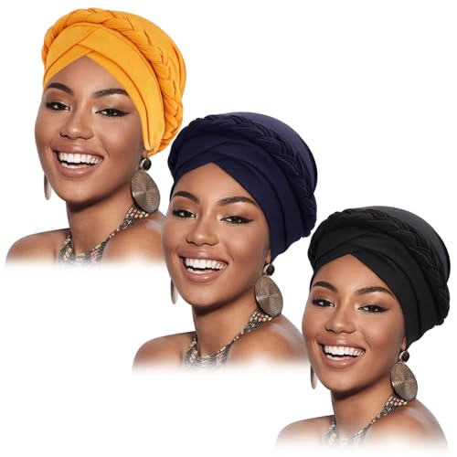 Image of DRESHOW Turban Pre-Tied Twisted Hat Thread African Head Wraps for Black Women Chemo Cancer Cap Braid Hair Cover