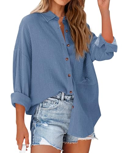 Image of NOLLSOM Casual Shirts for Women Long Sleeve Button Down Blouses Fall 2026 Solid Color Trendy Tops with Pocket