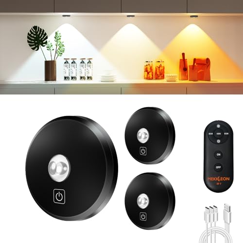 Image of Puck Lights With Remote Control - Rechargeable, Wireless Under Cabinet Lighting, 2000mAh Battery Operated Tap Push Touch, Stick On for Counter, Shelf, Bookcase (Black, 3 Pcs)