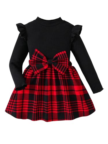 Floerns Toddler Girl's Cute Plaid Bow Front Long Sleeve A Line Dress Ruffle Trim Short Dresses