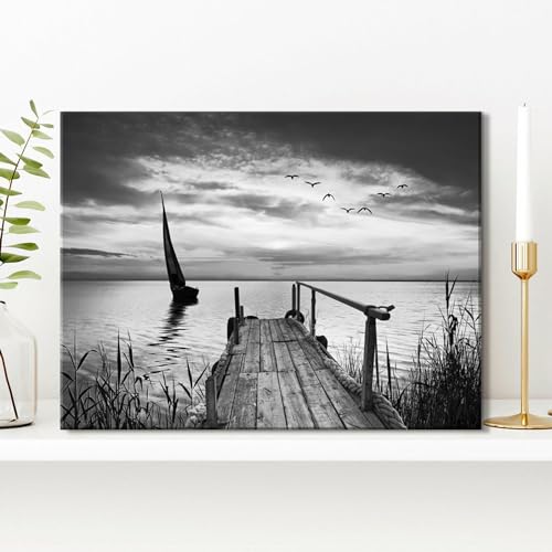 Image of Nature Beach Landscape Wall Art for Living Room Black and White Paintings Wall Decor Ocean Coastal Scenery Canvas Prints Seascape Sailboat Picture Vintage Poster Artwork Kitchen Modern Home Decoration 12x16 inch