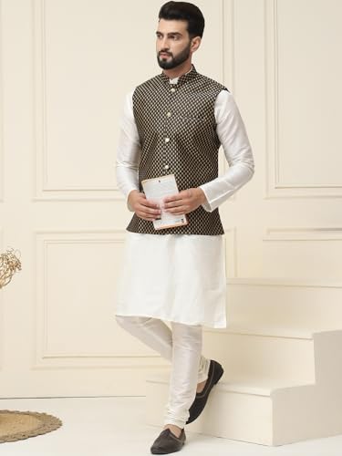 Image of SOJANYA (Since 1958 Men's Silk Blend Kurta Pyjama & Self Design Nehru Jacket Combo