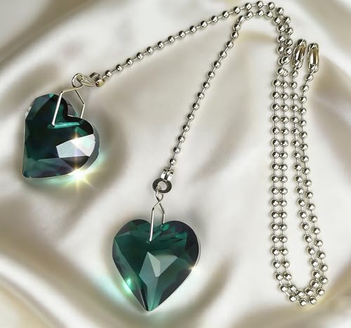 Image of 2Pcs Crystal Ceiling Fan Pull Chain Extender with Connector, 12 inch | K9 Crystal Glass, Not Acrylic, Heart Prism, Cut-To-Length Adjustable, Snap-On Connector For Fan, Light, Lamp (Emerald)