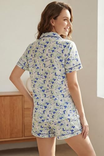 Image of LUBOT 100% Cotton Pajamas for Women 2 Piece PJ Set Poplin Woven Lightweight Ladies Button Short Sleeve Sleepwear S-XXL