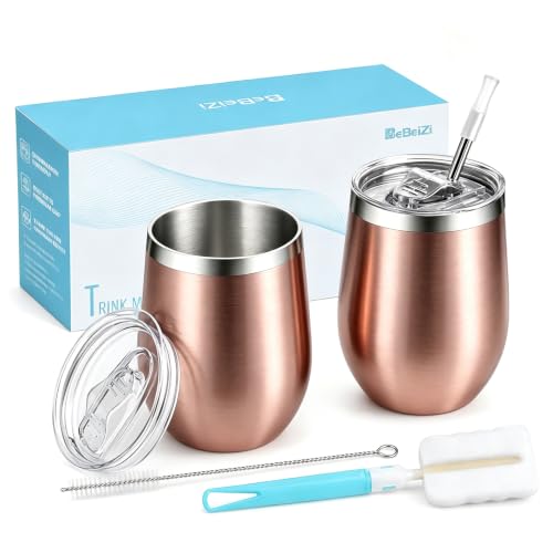 BeBeiZi 2 Stück Weinbecher Edelstahl 350ml Stemless Weinbecher Mit Deckel Und Strohhalm Vakuumisolierte Reisekaffeetasse für Cocktails Coffee Hochzeitsgeschenk Geburtstag Frauen DIY