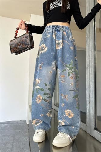 Kids Girls Jeans Elastic Waist Streetwear Denim Baggy Wide Leg Jeans Straight Pants3