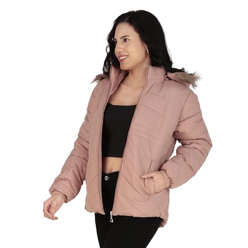 Image of Women's Cozy Puffer Stylish Jacket with Buttoned Pockets and Detachable Fur Hood