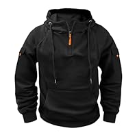 Hoodies for Men Lightweight Tactical Sweatshirts Classic Long Sleeve Pockets Pullover Drawstring Sweatshirt Workout Run Black
