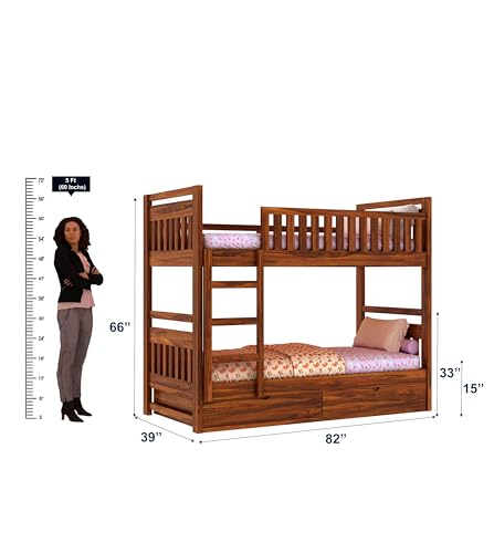 Image of Ganpati Arts Solid Sheesham Wood Swift Bunk Bed Twin Over Bed with Ladder Wooden Bunk Bed with 2 Drawer Storage for Bedroom Living Room Home (Natural Finish)