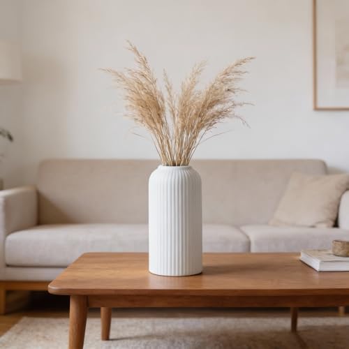 Image of White Ribbed Ceramic Flower Vase 6 Inch Matte Pampas Grass & Dried Flower Vase for Home & Office Table Decor Decorative Centerpiece Gift - Vase Only