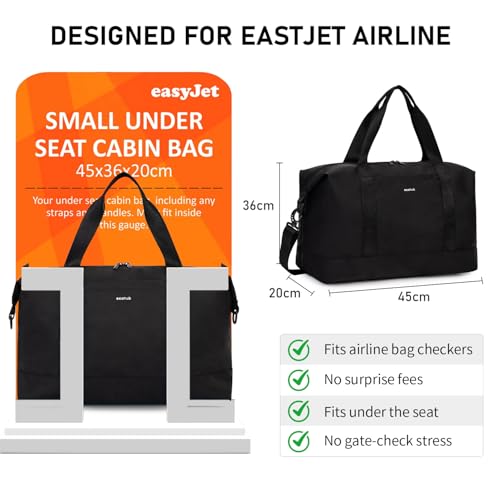 ECOHUB 30L Reisetasche Handgepäck Groß, für Easyjet Handgepäck 45x36x20, Faltbare Handgepäck Tasche für Flugzeug, Sporttasche mit Abnehmbar Nass-Tasche, Weekender Damen Herren(Schwarz)