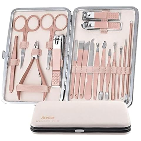 Manicure Pedicure Kit Manicure Set Women Professional Stainless Steel Pedicure Nail Clipper Tools Aceoce Travel Luxury 18 in 1 with Grooming Travel Leather (Rose Glod 18Pcs) Cover
