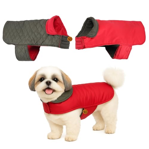 Image of Sage Square Double-Sided Quilted Dog Jacket - Weather-Resistant, Lightweight, Waterproof, Designed for Comfort & Warmth, Adjustable Fit, Perfect for Indoors or Outdoors (Quilt Red, XS - 12 Inch)
