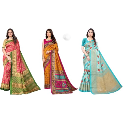Image of Yashika Women's Sarees Women's Combo Art Silk Printed Saree With Unstitched Blouse Piece |saree for Women | saree combo | New Sari | Saree Pack Of 3