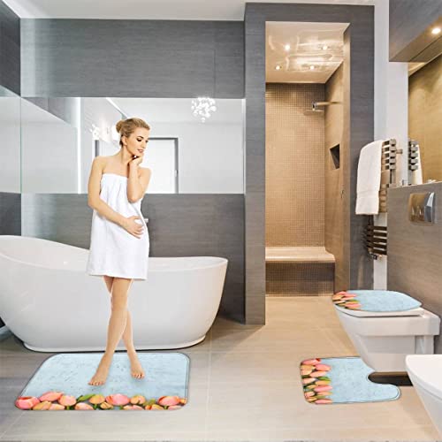 Badezimmerteppich-Set 3Teilig Tulpe rutschfest Waschbar Badematte Badezimmer Weich Mikrofasern WC-Deckelbezug Blumenland… – Bild 5