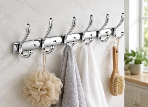 Image of Exclusive Extra Long 40 cm Antique Brass 6 Pin Metal Bathroom Cloth Hooks Hanger Door Wall Robe Hooks Rail for Hanging Keys, Clothes, Towel (3, Chrome)