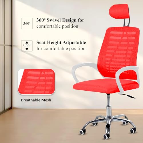 Image of Casa Copenhagen,Mesh Office Desk Chair,Rocking Ergonomic Computer Chair Adjustable High with Headrest and Comfortable Armrest Swivel - Cherry Red & White Handle