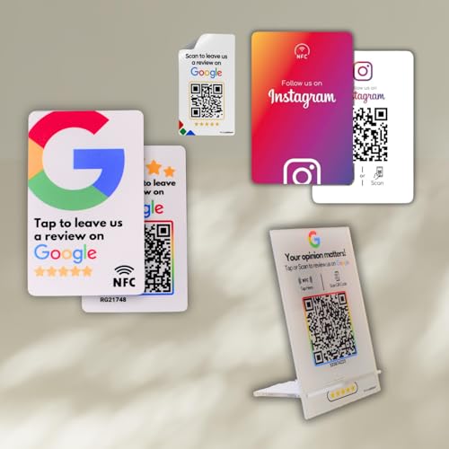 NFC & QR Combo KIT, 1 Review Card, 1 Instagram Card, 1 NFC Review Standee, 10 Review Stickers (2x3 Inch) - Total 13 item bundle by tinydabba